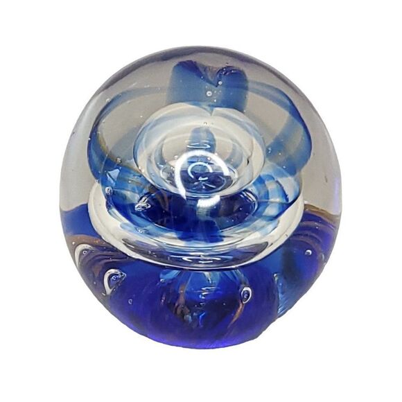 Dynasty Gallery Art Glass Paper Weight Cobalt Blue Copper Clear Bubble Ring 2.5" - Picture 2 of 7
